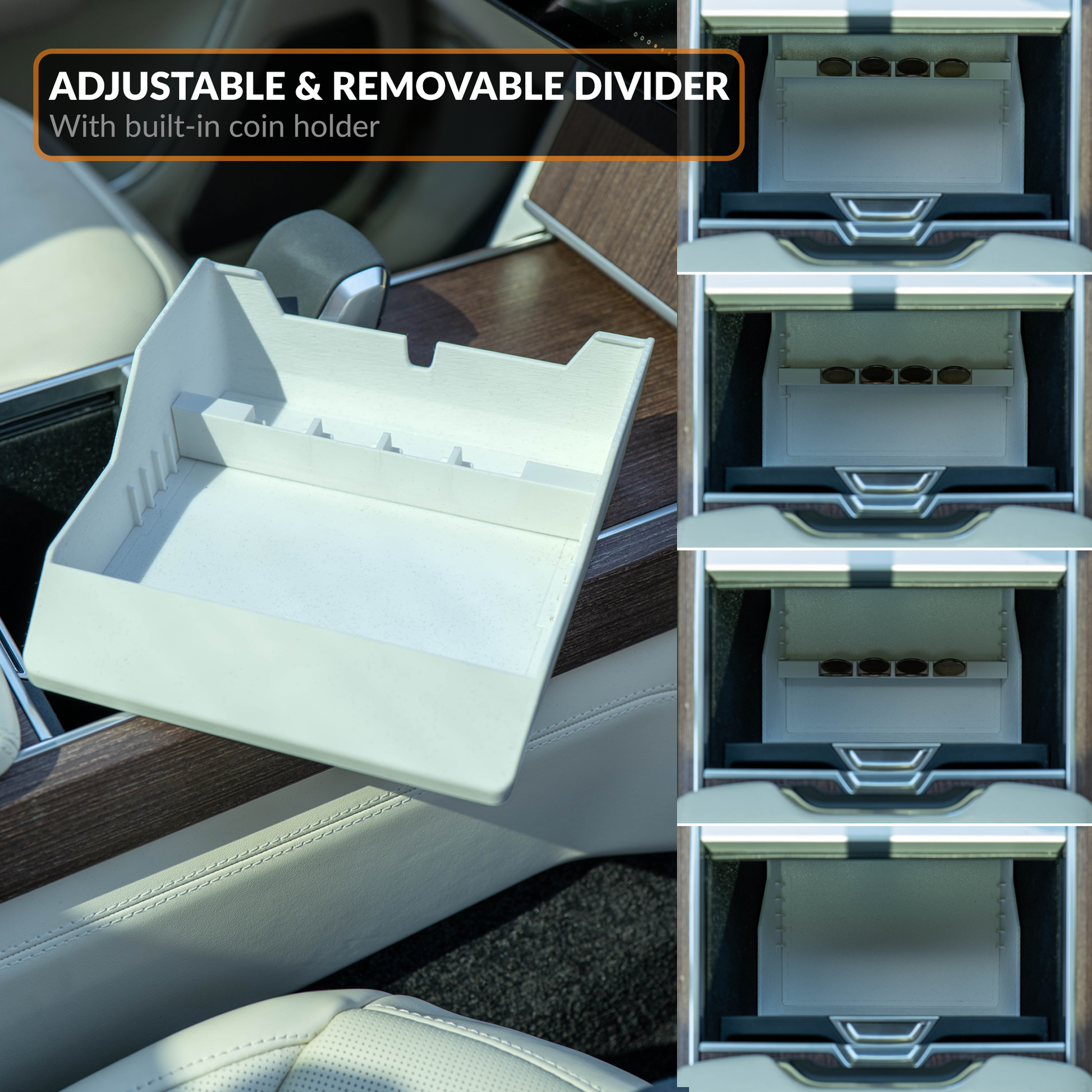 Adjustable divider shown in four positions, with built-in coin holder slots along the front edge