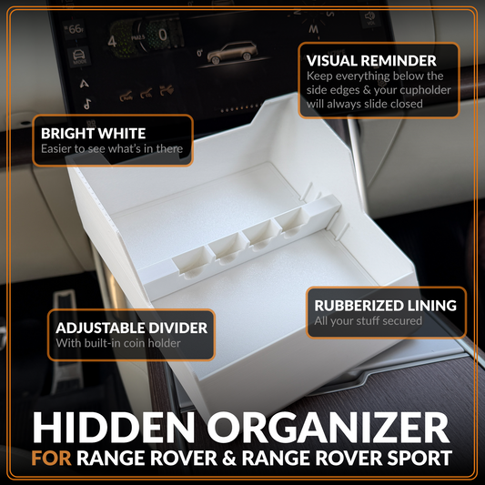 Feature diagram of the white under-cupholder tray showing adjustable divider, coin holder, rubberized lining and fill-line reminder